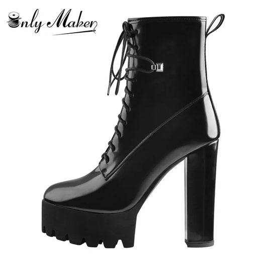 Onlymaker Round Toe Black Patent Leather Chunky Platform Ankle Boots