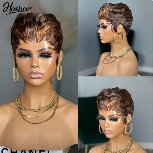 Colored Short Pixie Cut Human Hair Wigs -  Glueless Wear And Go