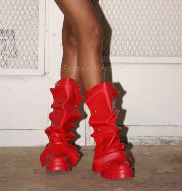 Button Flat Boot In Red - Thick Bottom