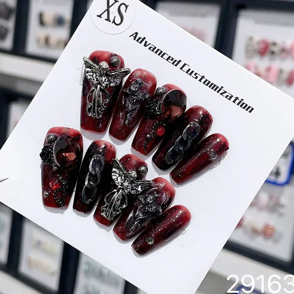 Handmade Beautiful Y2k Press on Nails Goth Style Black and Red - Halloween