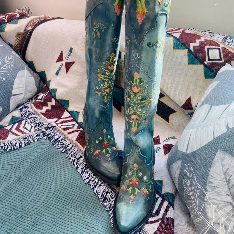 Vintage Blue Leather Flower Embroidery Knee Boots S