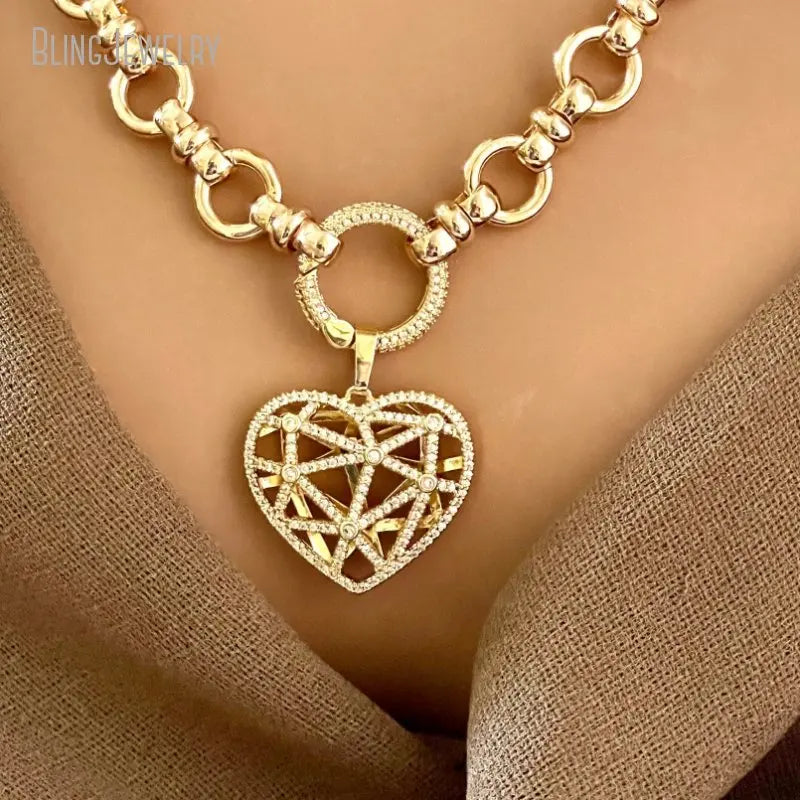 Multi Link Chain Latticework Floating Heart Pendant Necklace