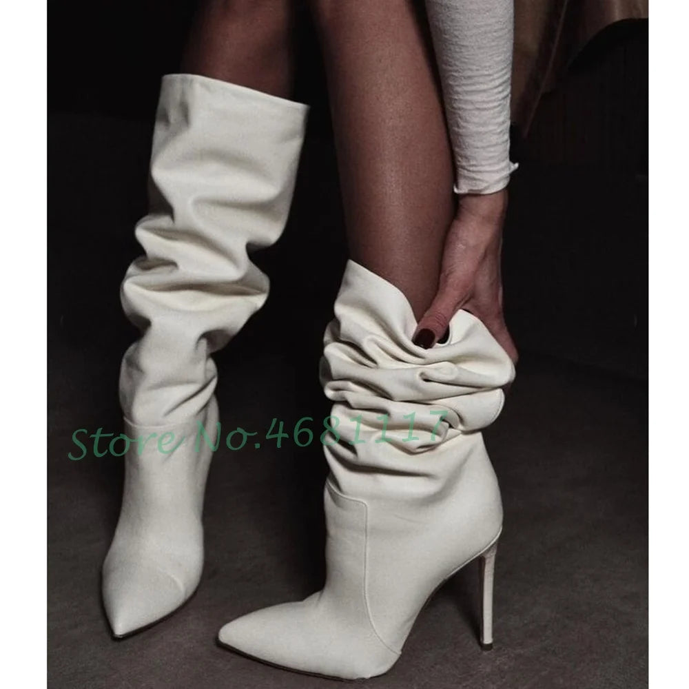 White Pleated High Heel Hot Boots