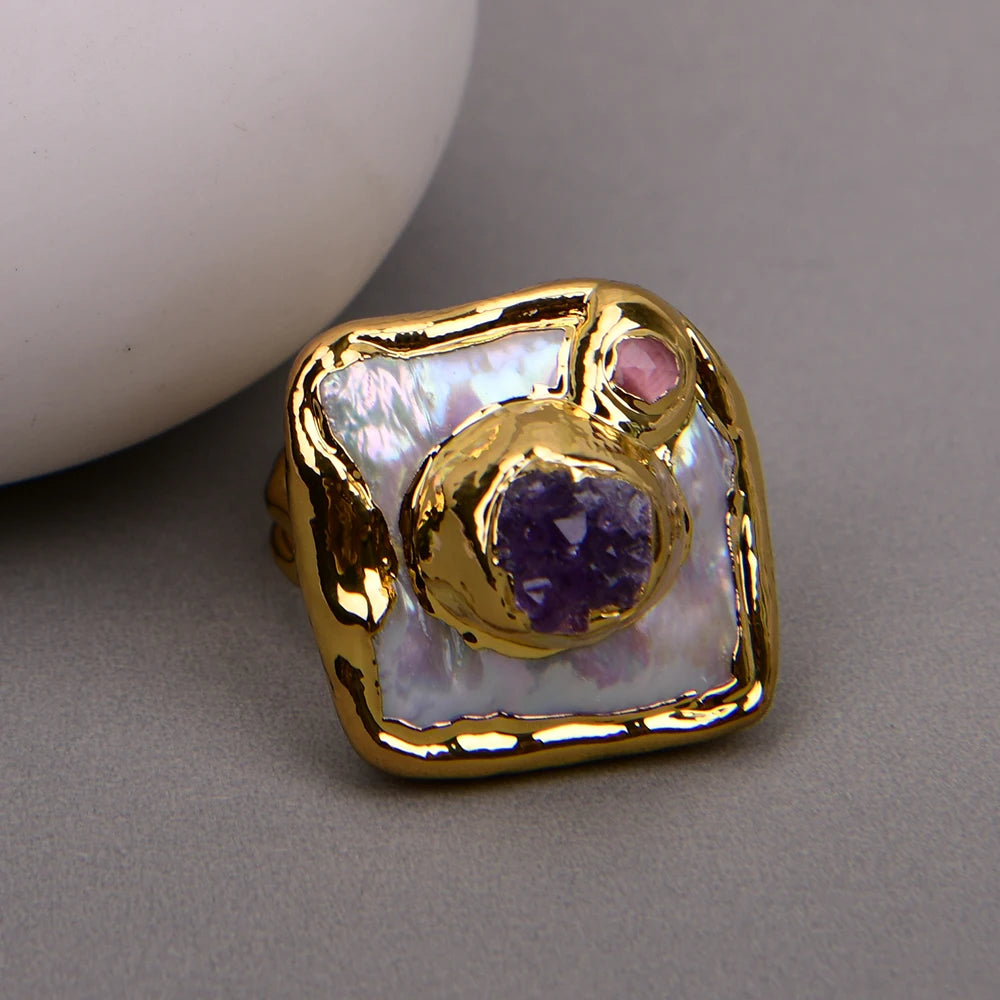 GG Freshwater Cultured White Square Pearl Purple Amethyst Ring