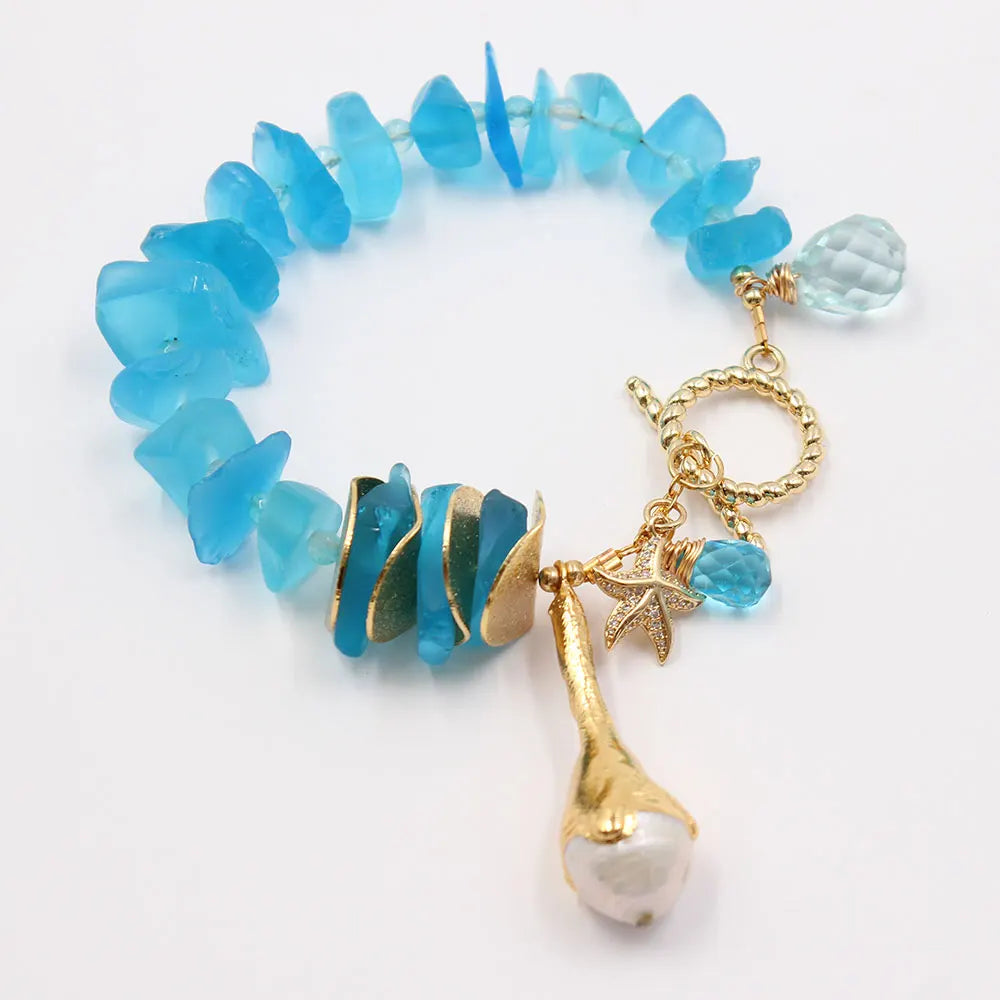 GG Natural Blue Glass Quartz Electroplate Gold Color Plated Keshi Pearl Bracelet