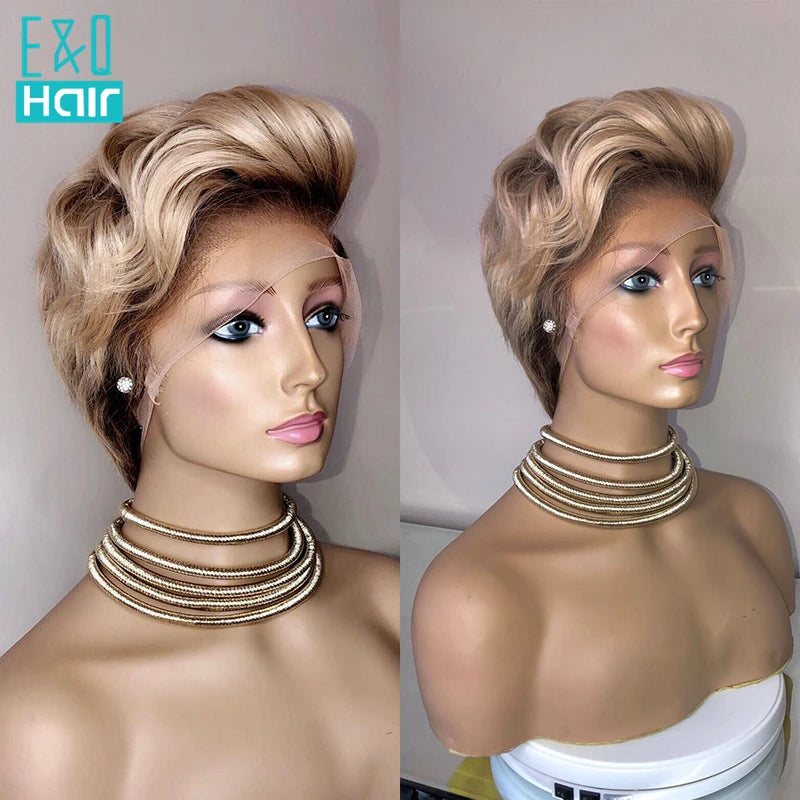 Lace Front Pixie Cut Wigs - Human Hair Blonde 613