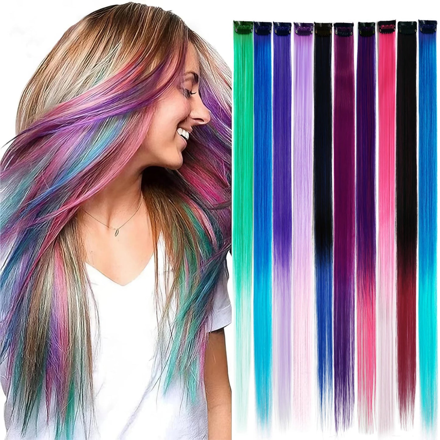 10Packs Straight Colored Clip-In Hair One Piece Long Synthetic Rainbow 22 Inchhair ex