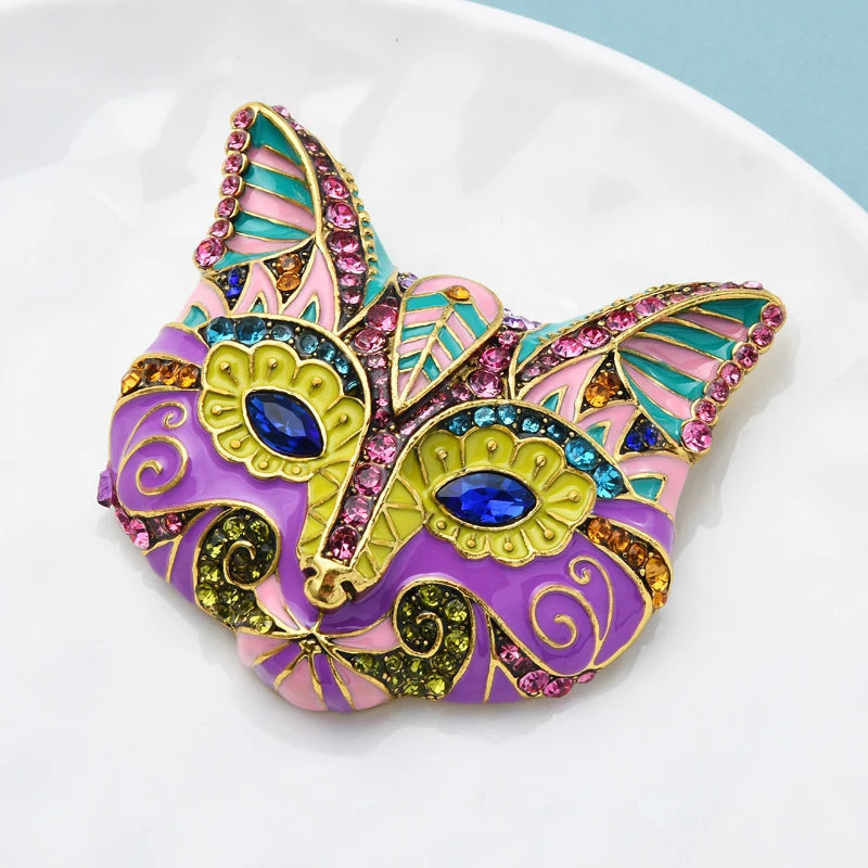 Wuli&baby Multicolor Enamel Cat Head Brooches