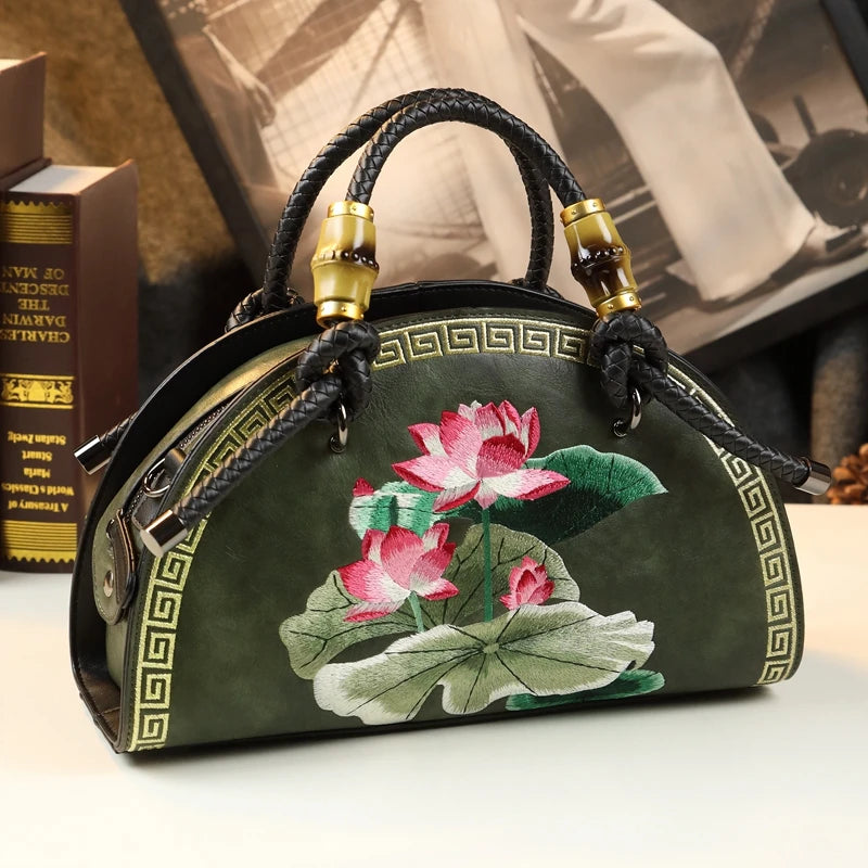 Vintage Leather Flower Embroidery Cowhide Portable Shell Bags