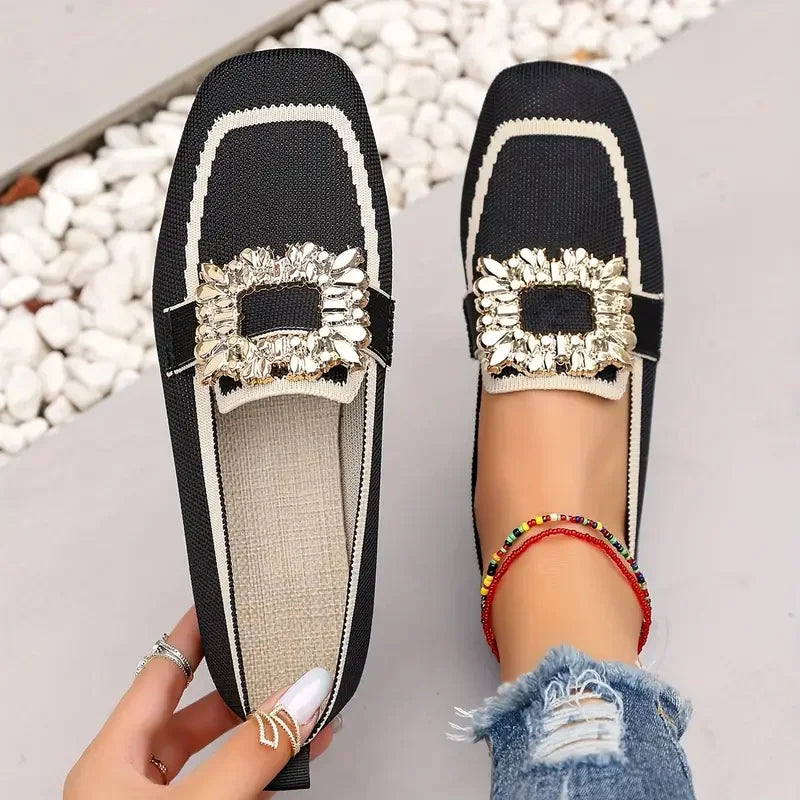 Flat Loafers Shoes Knitting Slip-On Square Toe