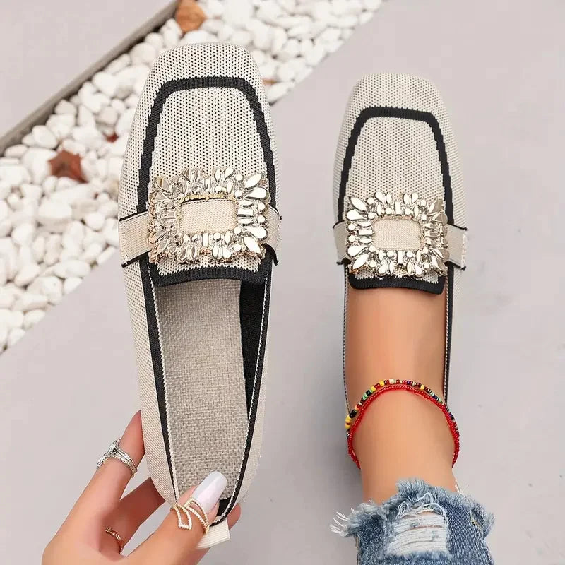 Flat Loafers Shoes Knitting Slip-On Square Toe