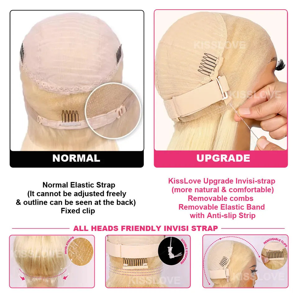KissLove 613 Blonde Hair Invisi-Strap Snug Fit 360 Full Lace Frontal Wigs