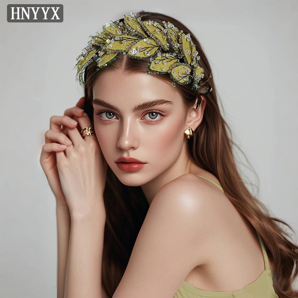 HNYYX Rhinestone Hair Accessories Vintage Leaf Shaped