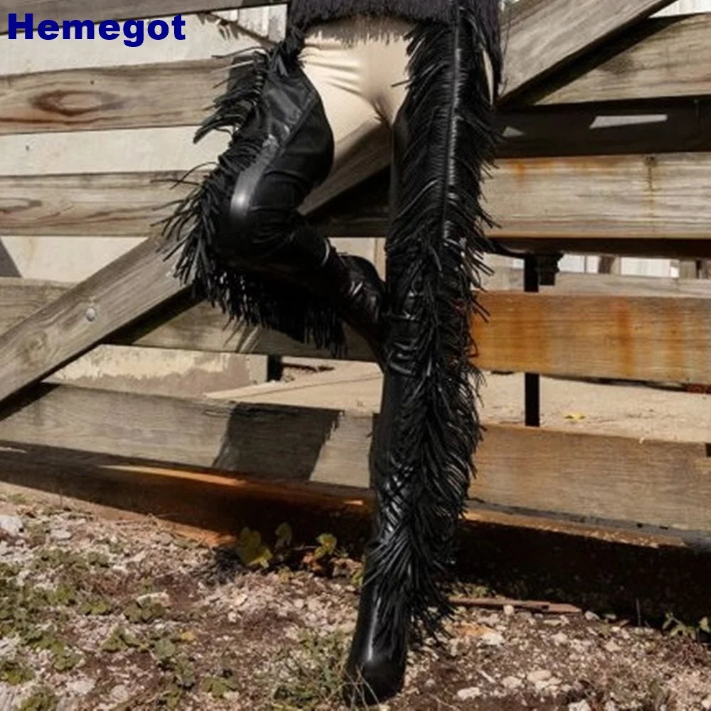 Black Fringed Waist Boots