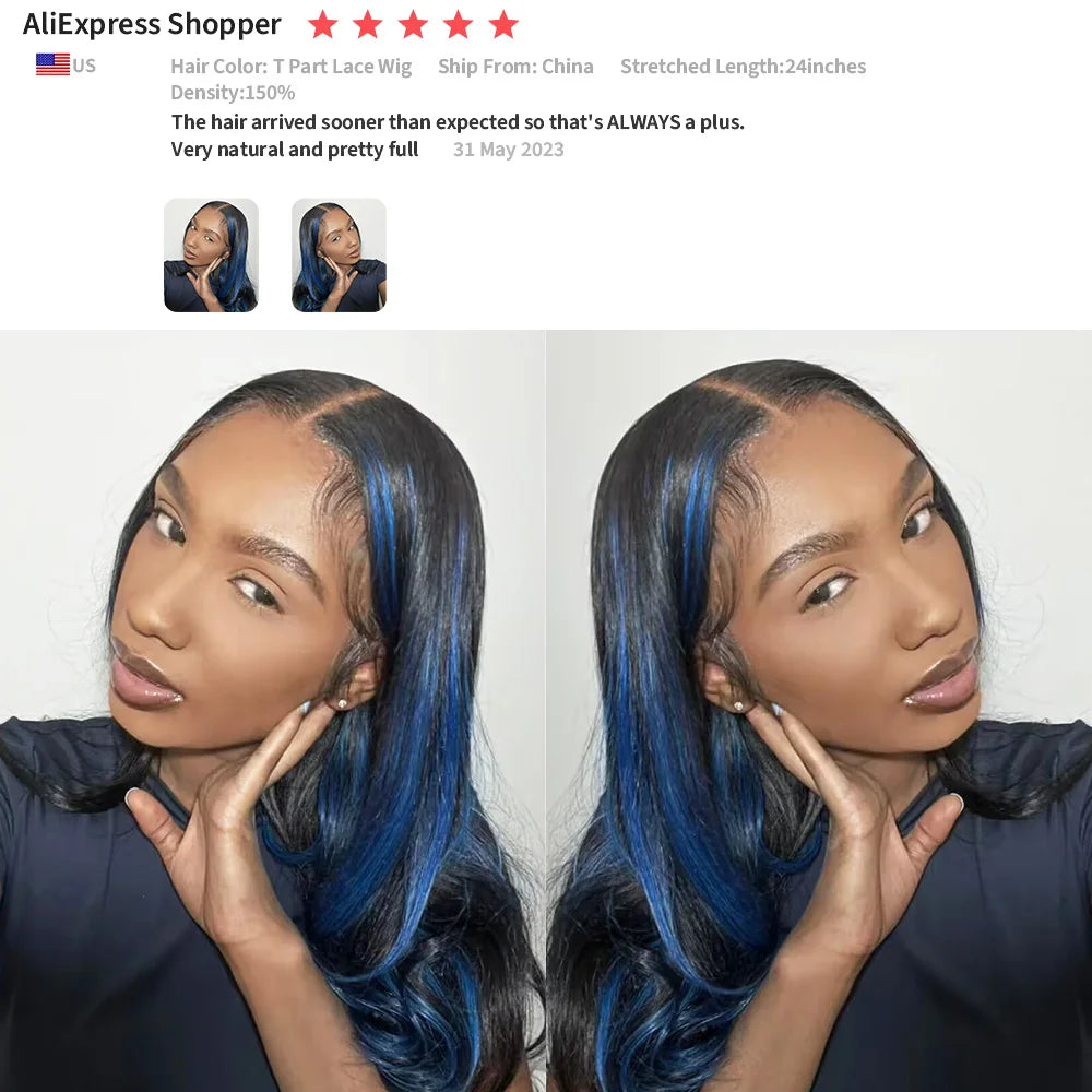 Straight Highlight Black With Blue Lace Frontal Wigs Human Hair Wigs