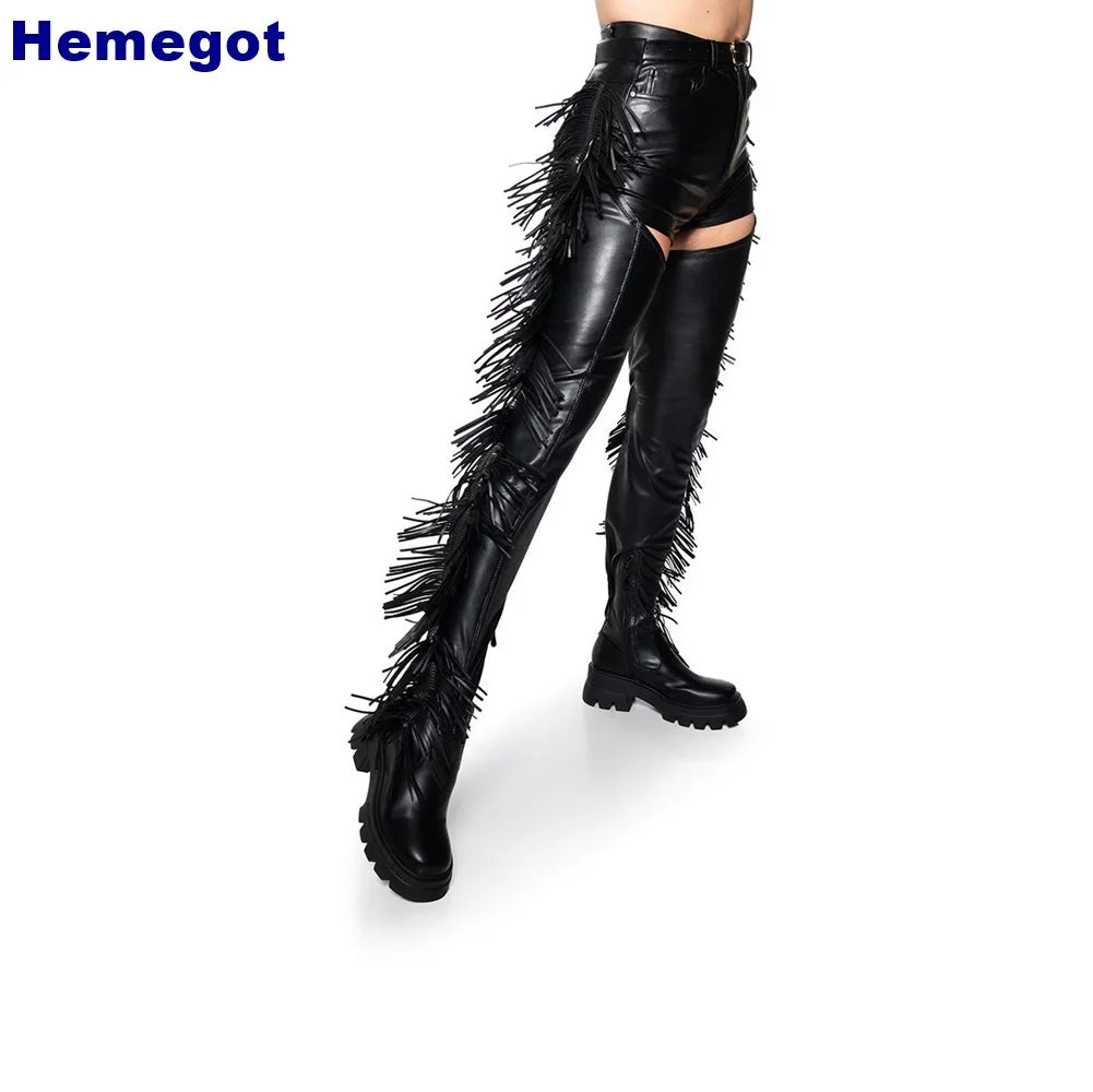 Black Fringed Waist Boots