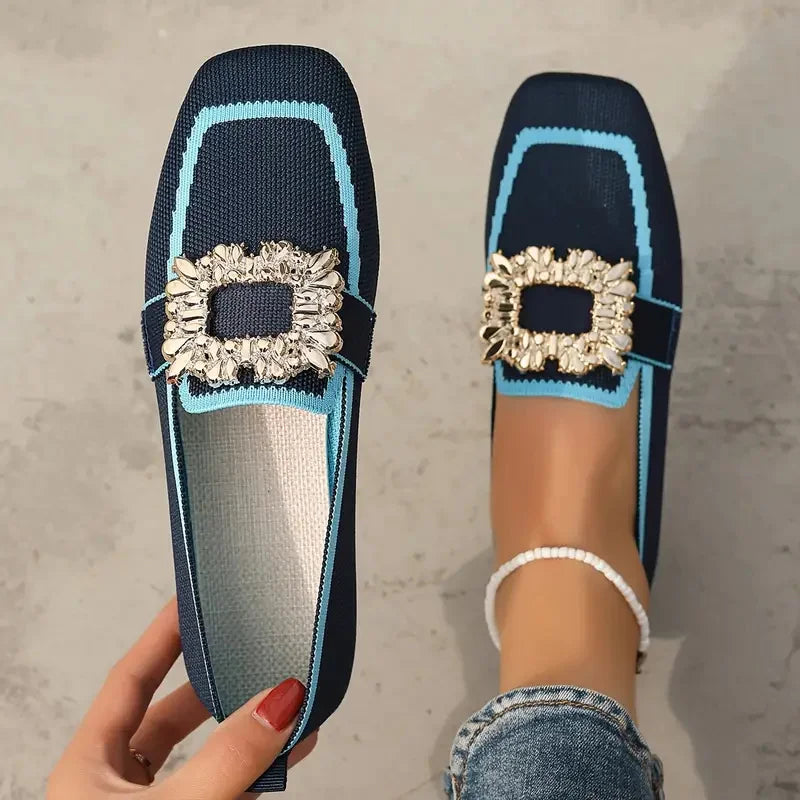 Flat Loafers Shoes Knitting Slip-On Square Toe
