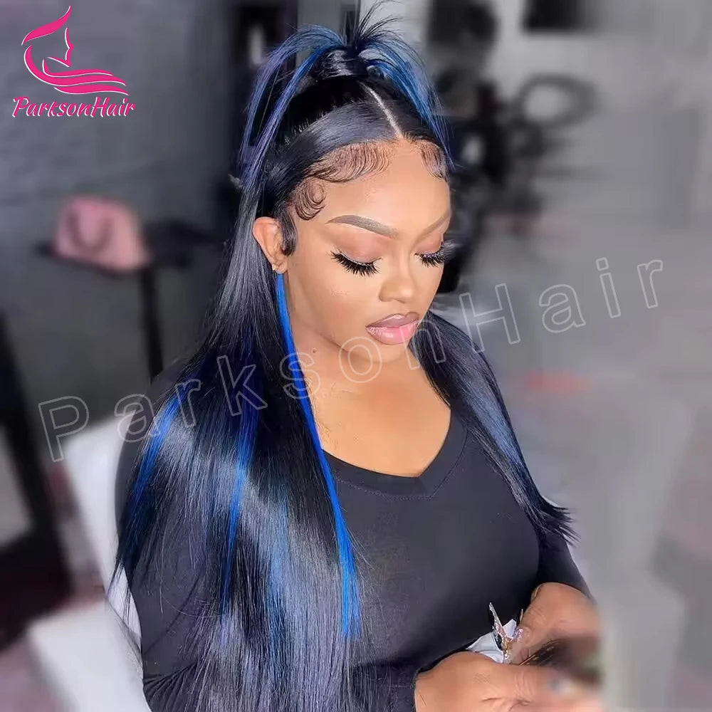 Straight Highlight Black With Blue Lace Frontal Wigs Human Hair Wigs