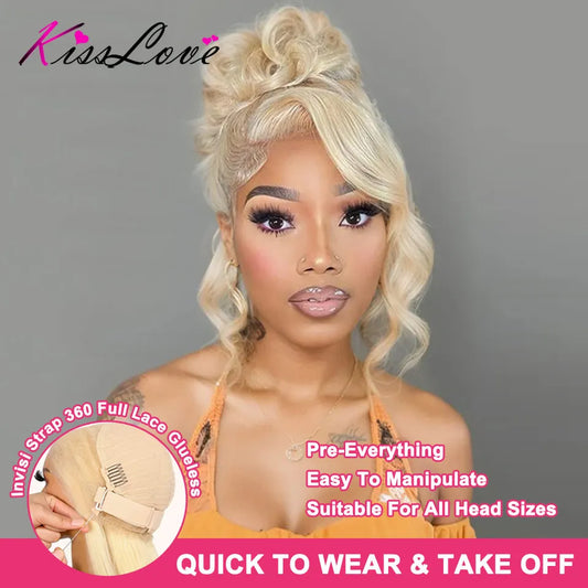KissLove 613 Blonde Hair Invisi-Strap Snug Fit 360 Full Lace Frontal Wigs