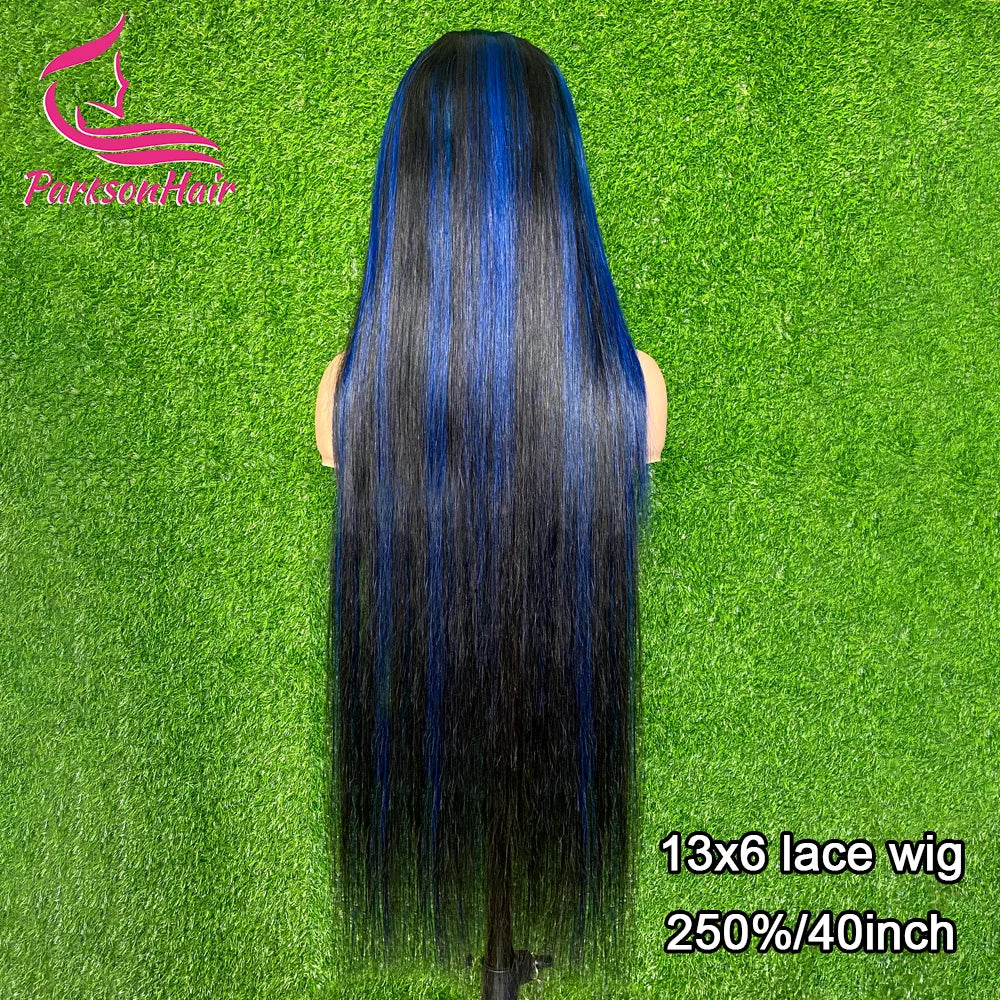 Straight Highlight Black With Blue Lace Frontal Wigs Human Hair Wigs