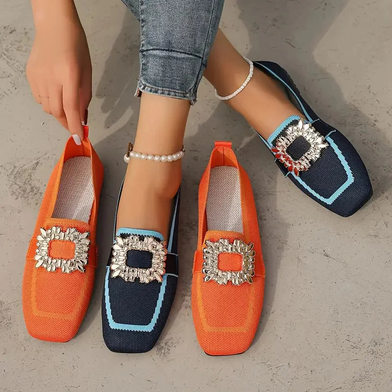 Flat Loafers Shoes Knitting Slip-On Square Toe