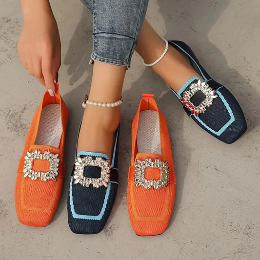 Flat Loafers Shoes Knitting Slip-On Square Toe