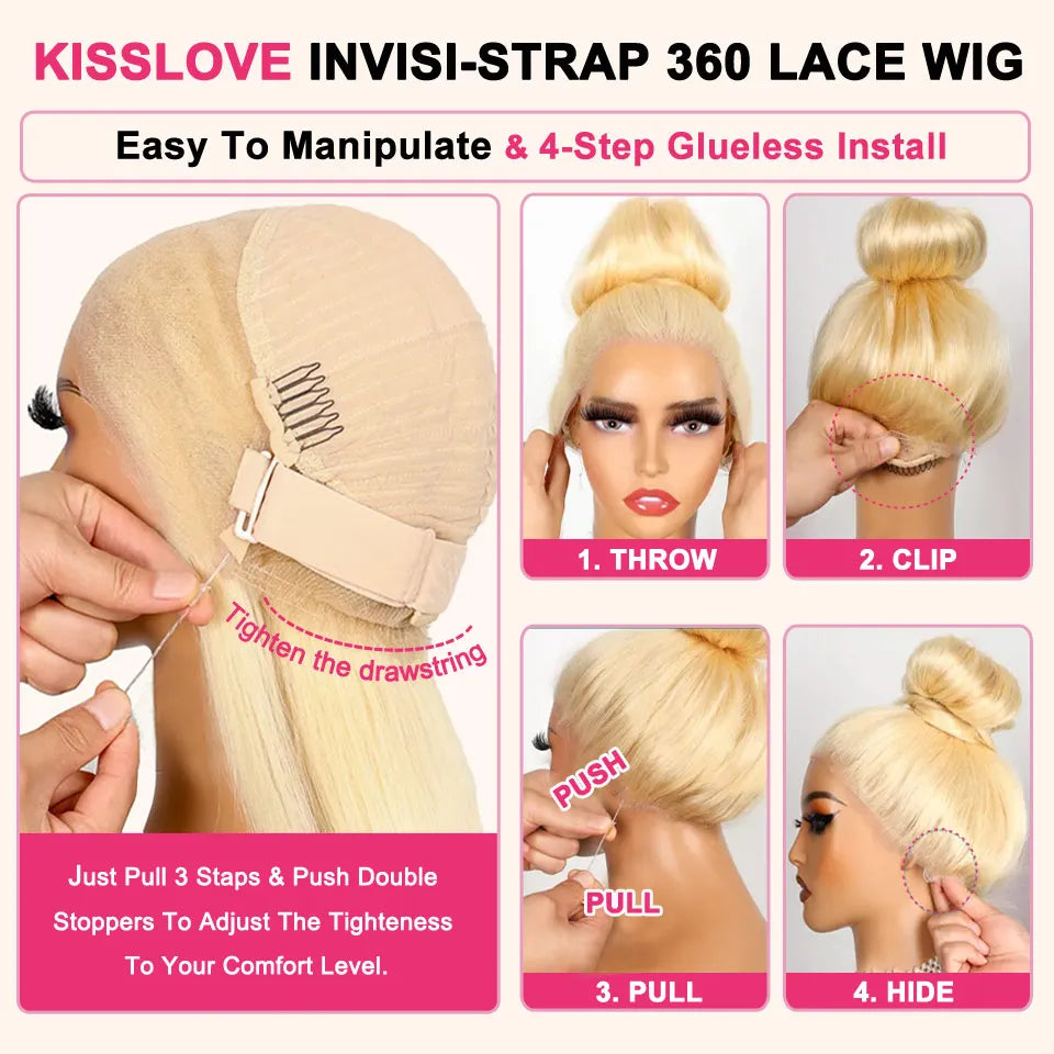 KissLove 613 Blonde Hair Invisi-Strap Snug Fit 360 Full Lace Frontal Wigs