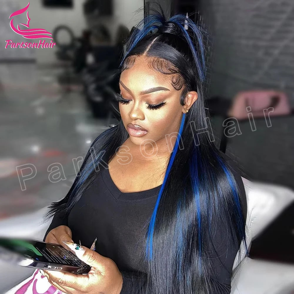 Straight Highlight Black With Blue Lace Frontal Wigs Human Hair Wigs