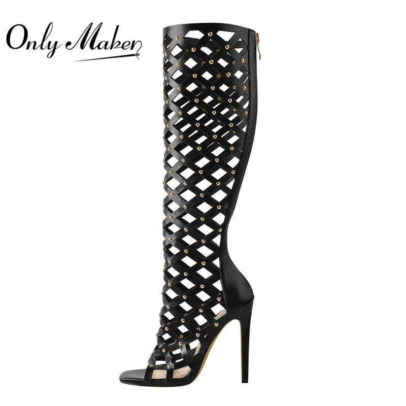 Onlymaker Women Peep Toe Black Hollow Grid Stiletto Knee High Boots