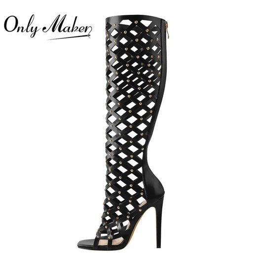 Onlymaker Women Peep Toe Black Hollow Grid Stiletto Knee High Boots