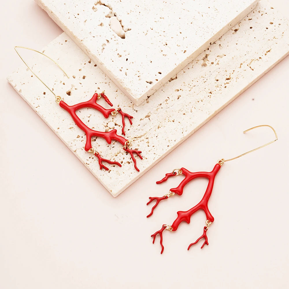 Red Enamel Coral Tree Antlers Acrylic Resin Dangle Earrings