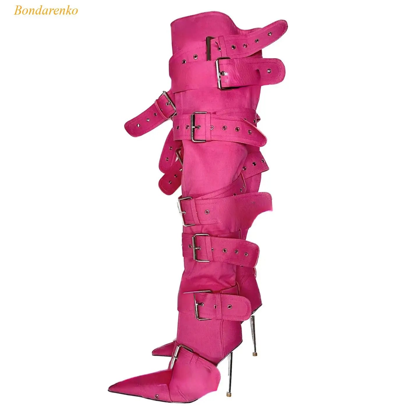 Metal Stiletto Heels Thigh-High Boots- Buckles Straps