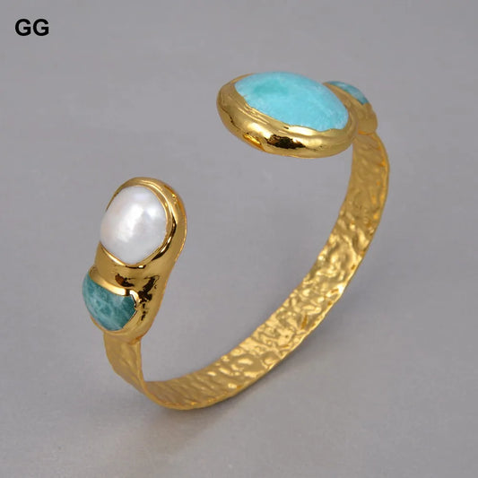 GuaiGuai Jewelry Natural White Pearl Green Amazonites Gold Color Plated Bangle Bracelet