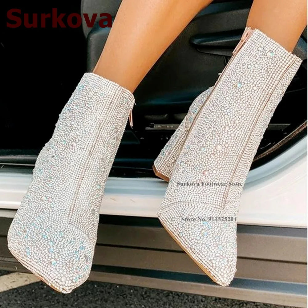 Surkova Glitter Crystal Chunky Heel Ankle Boots
