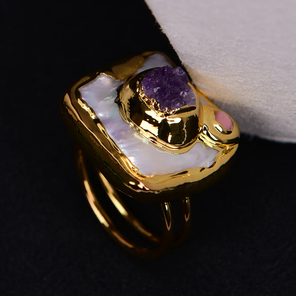 GG Freshwater Cultured White Square Pearl Purple Amethyst Ring