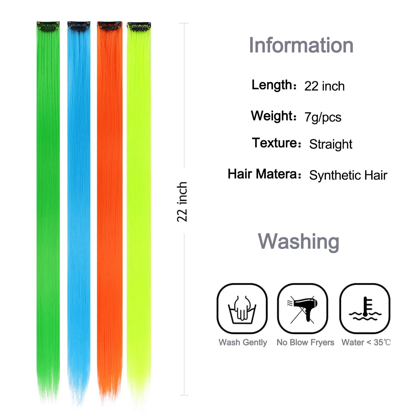 10Packs Straight Colored Clip-In Hair One Piece Long Synthetic Rainbow 22 Inchhair ex