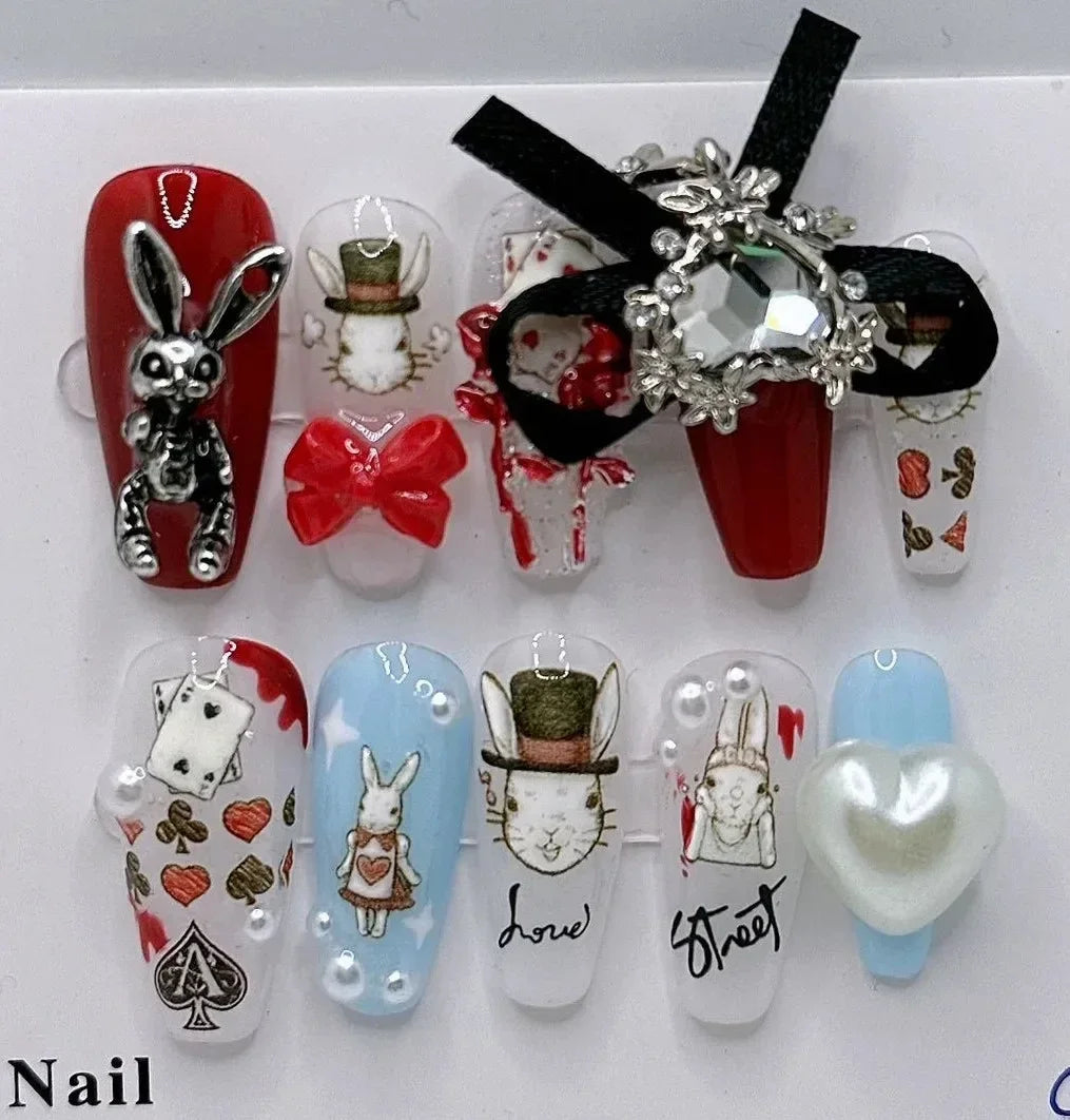 Handmade Beautiful Y2k Press on Nails Goth Style Black and Red - Halloween