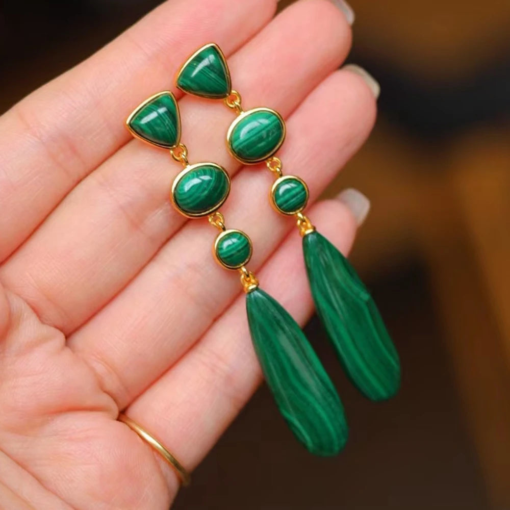 KQDANCE Real 925 Sterling Silver With Natural Gem Stone Green Malachite Drop Earrings