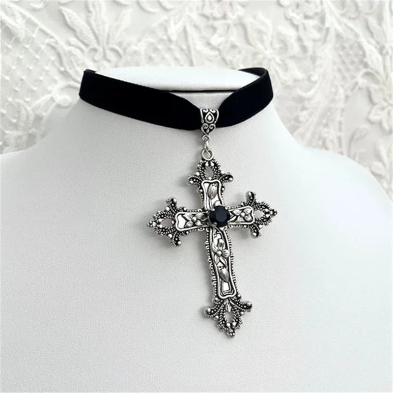 Goth Limited Black Velvet Cross Bead Choker