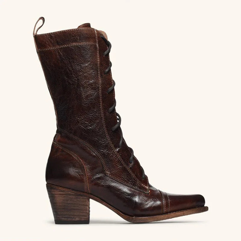 Linamong Vintage Style Green Brown Leather Patchwork Boots