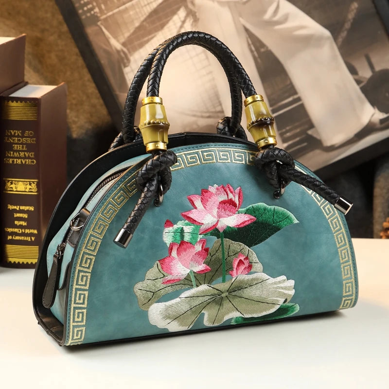 Vintage Leather Flower Embroidery Cowhide Portable Shell Bags