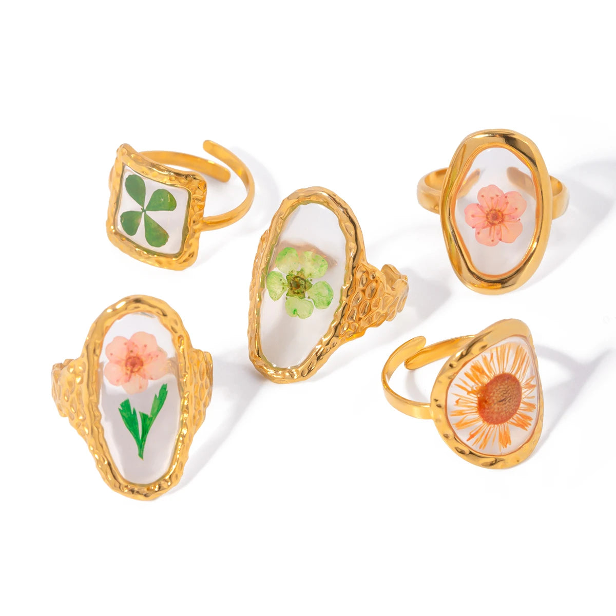 Literary Retro Eternity Flower Design 18K Gold Plated Adjustable Stainless Steel Ring