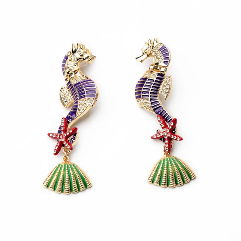 LUBOV Gorgeous Sea Horses Starfish Seashell Statement Earrings
