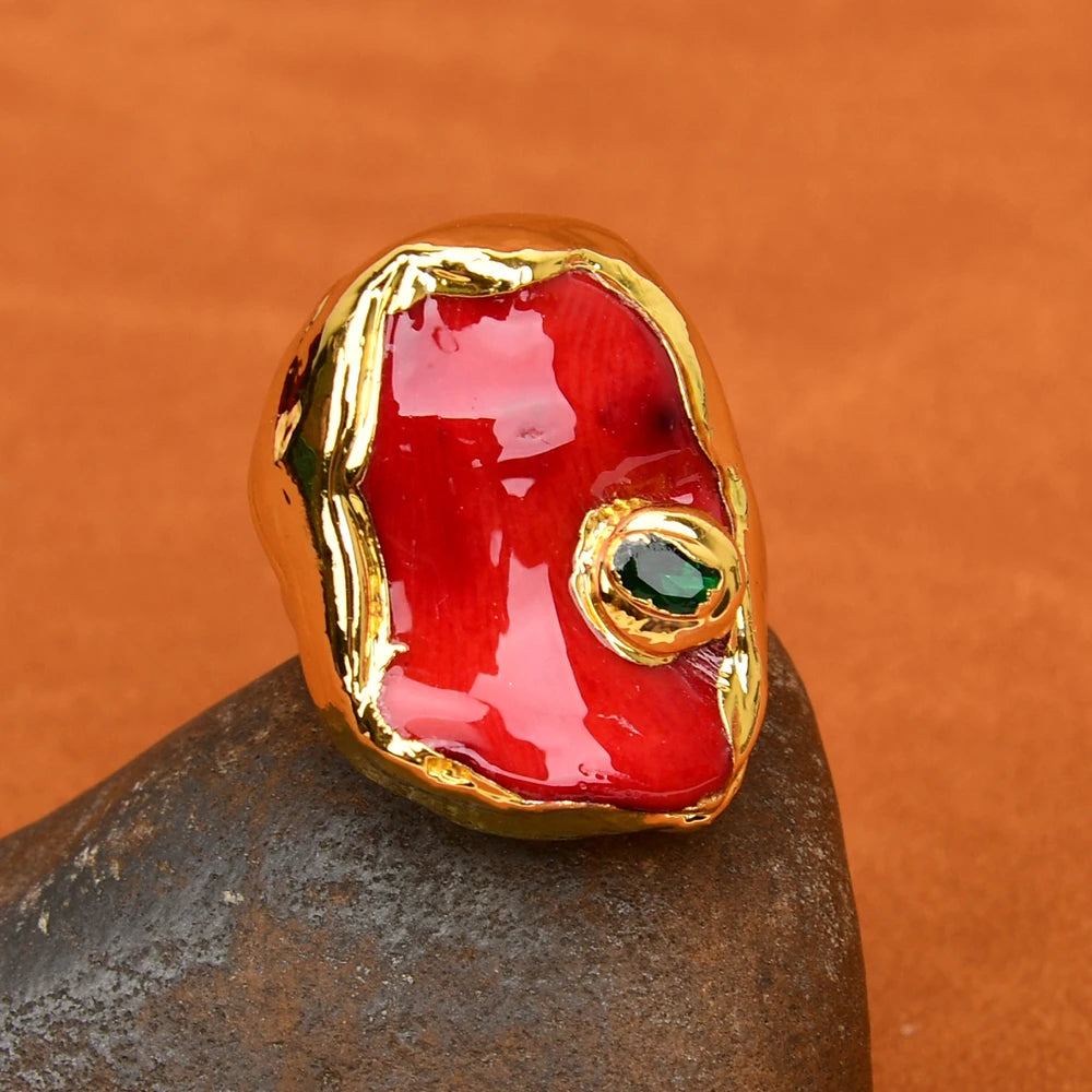 G-G Natural Red Coral Nugget Green Crystal CZ Pave Ring