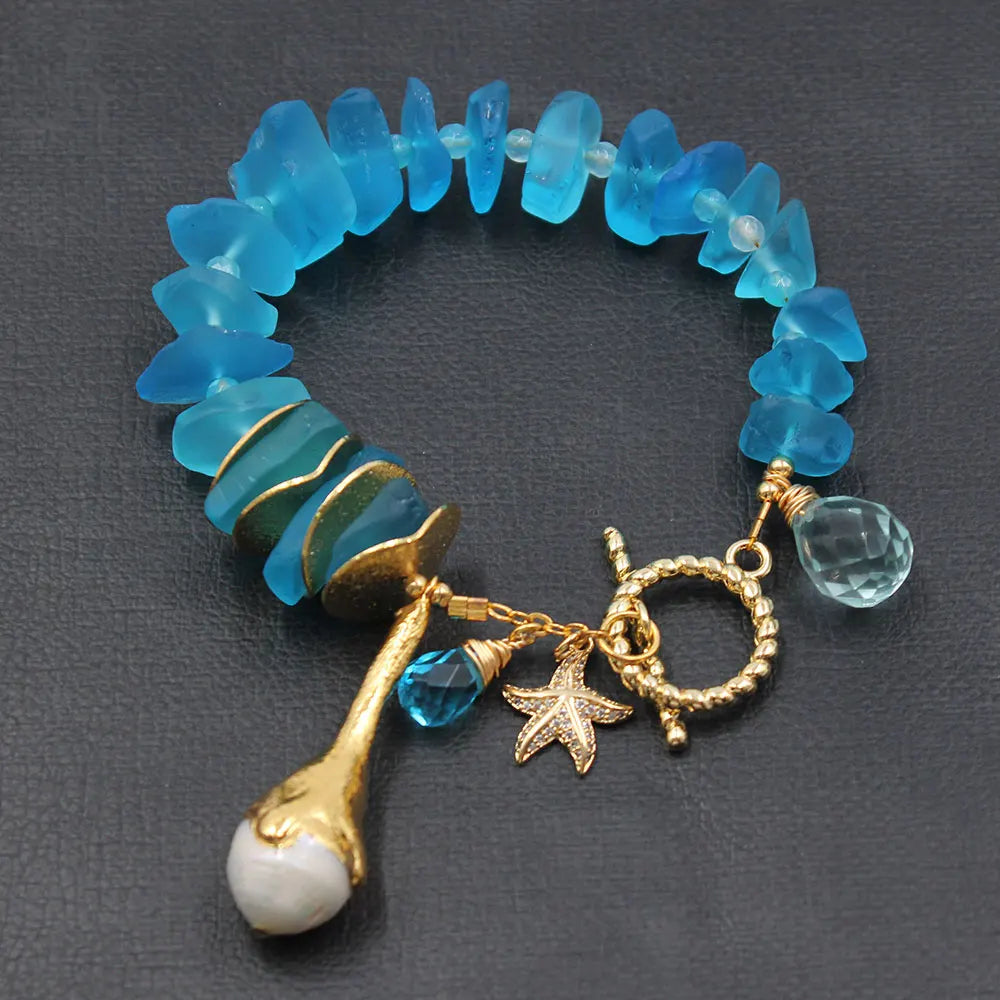 GG Natural Blue Glass Quartz Electroplate Gold Color Plated Keshi Pearl Bracelet