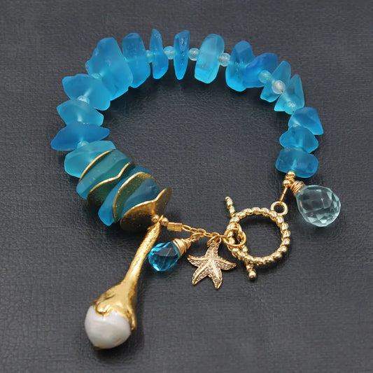 GG Natural Blue Glass Quartz Electroplate Gold Color Plated Keshi Pearl Bracelet