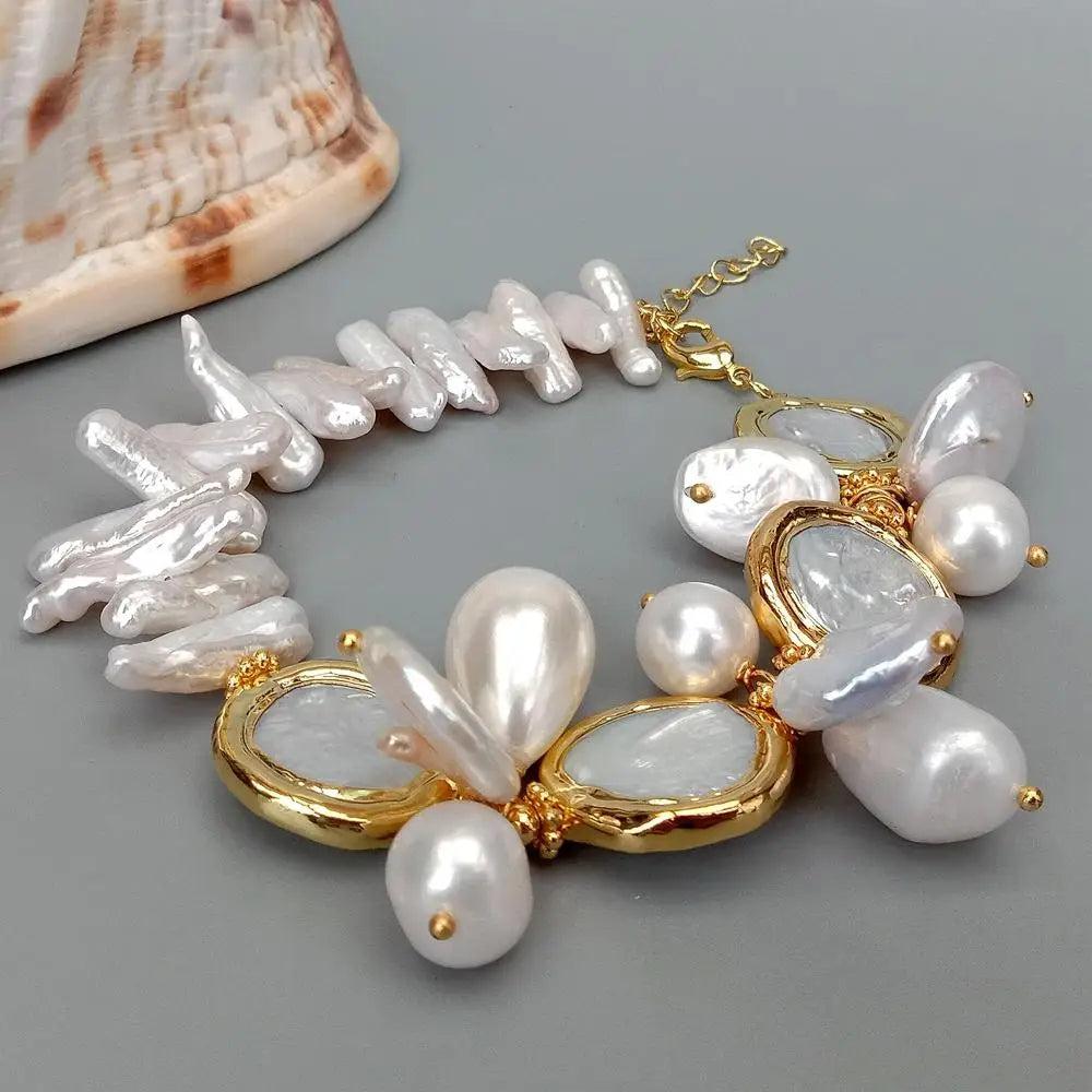 Y·YING Natural Multi Shape Freshwater Pearl Sea Shell Pearl Gold plated Bracelet 8"