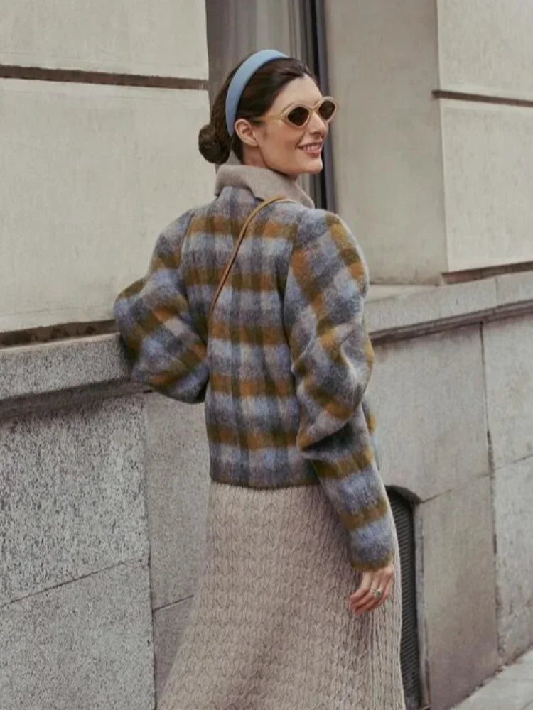 Plaid Coat Vintage Woolen Trench Double-breasted