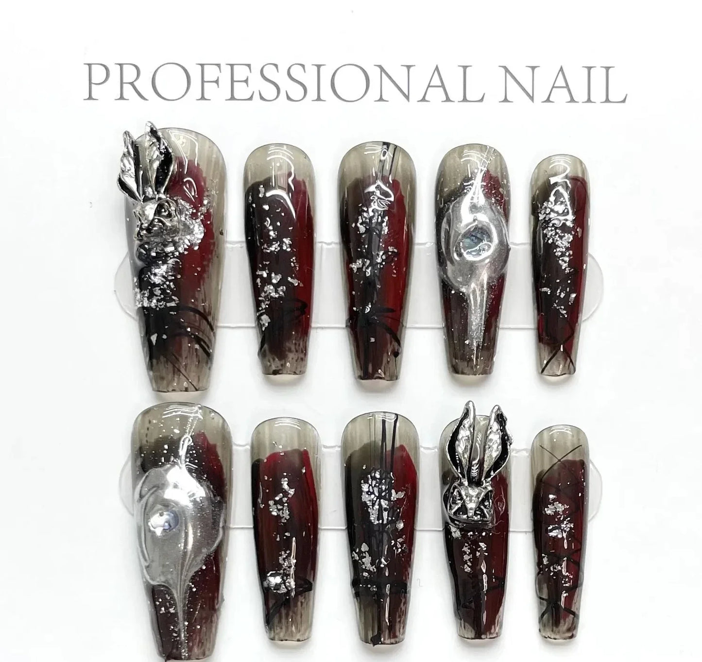 Handmade Beautiful Y2k Press on Nails Goth Style Black and Red - Halloween