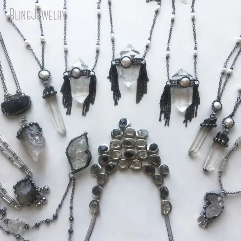 Raw Black Tourmaline Herkimer Quartz Crystal Necklace